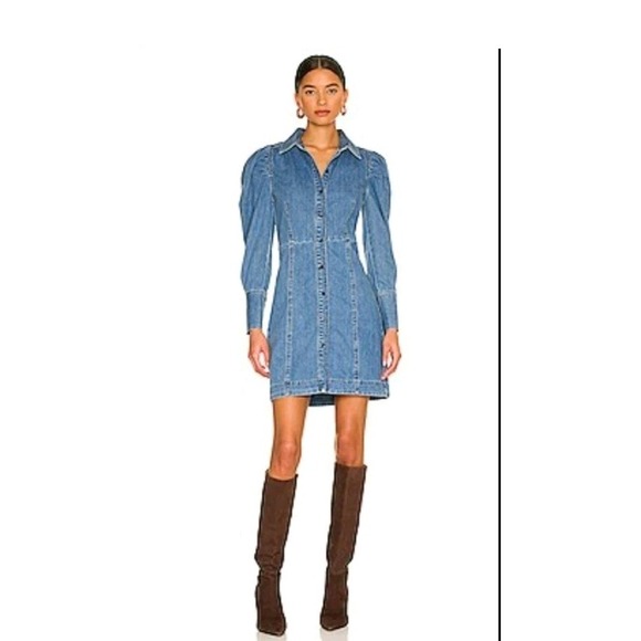 FRAME Voluminous Puff Sleeve Women's Dress Denim Eugenia Blue Mini Size S - Picture 1 of 10